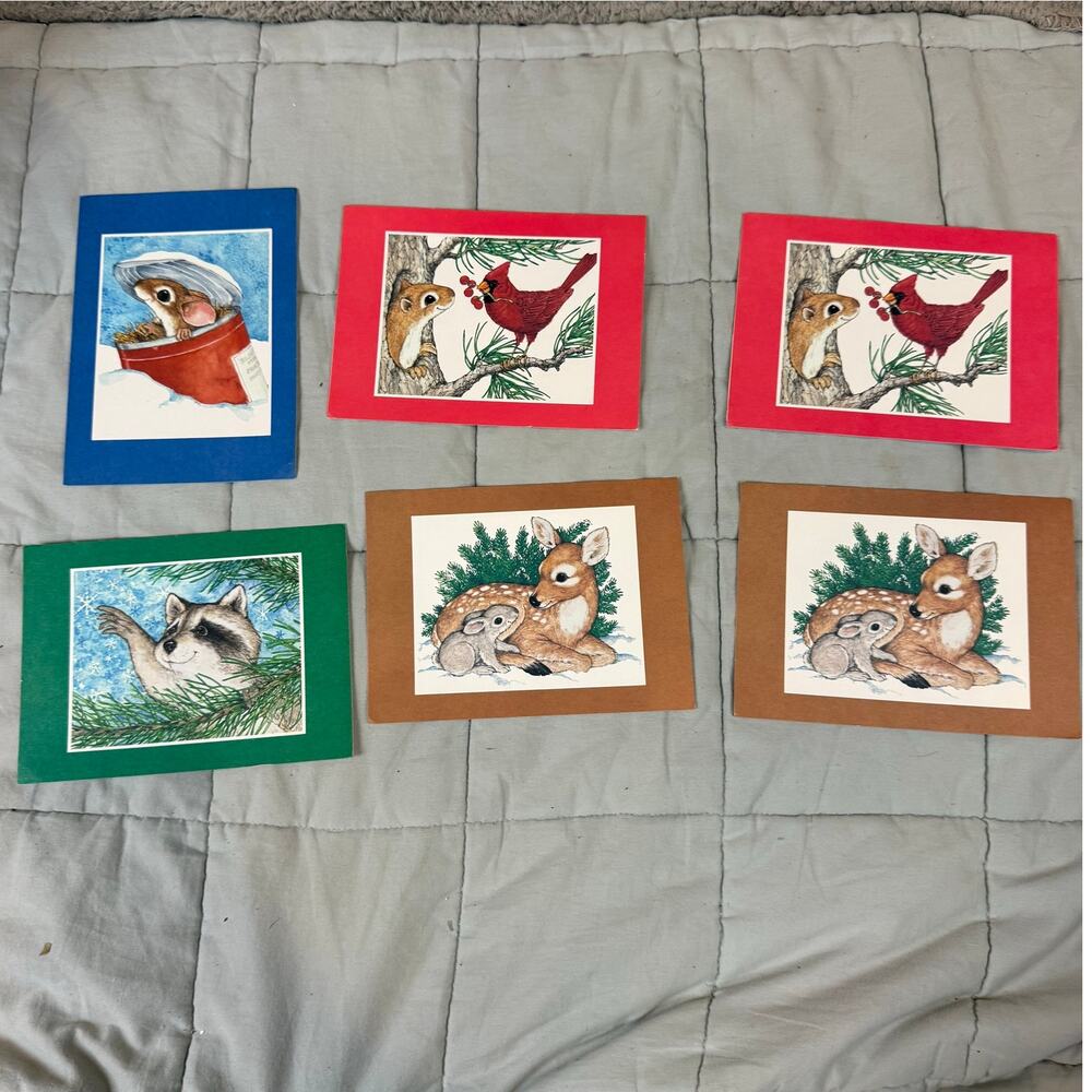 Vintage Christmas Holiday Cards Current Critters Woodland Animals Deer Cardinal
